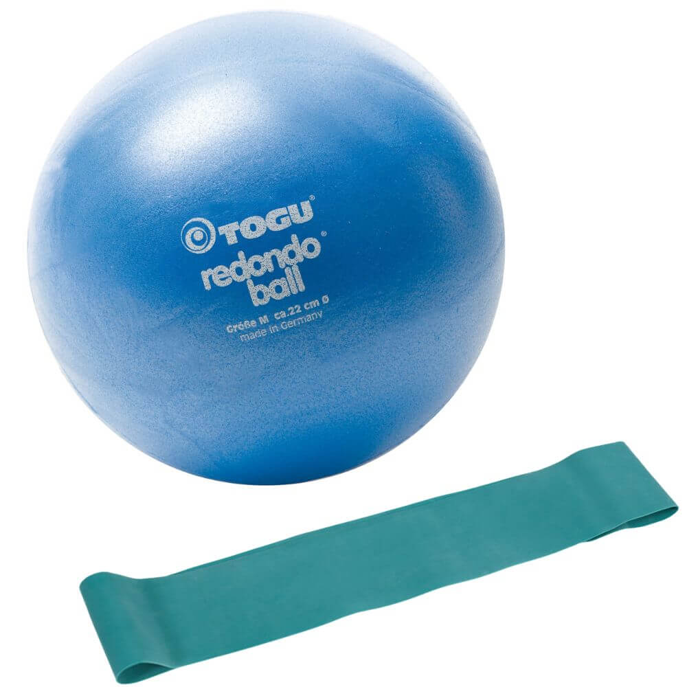 Togu-Redondo-Ball-Pilatesball-22cm-blau-im-Set-mit-Fitnessband-Theragym-Loop-Miniband-mittel